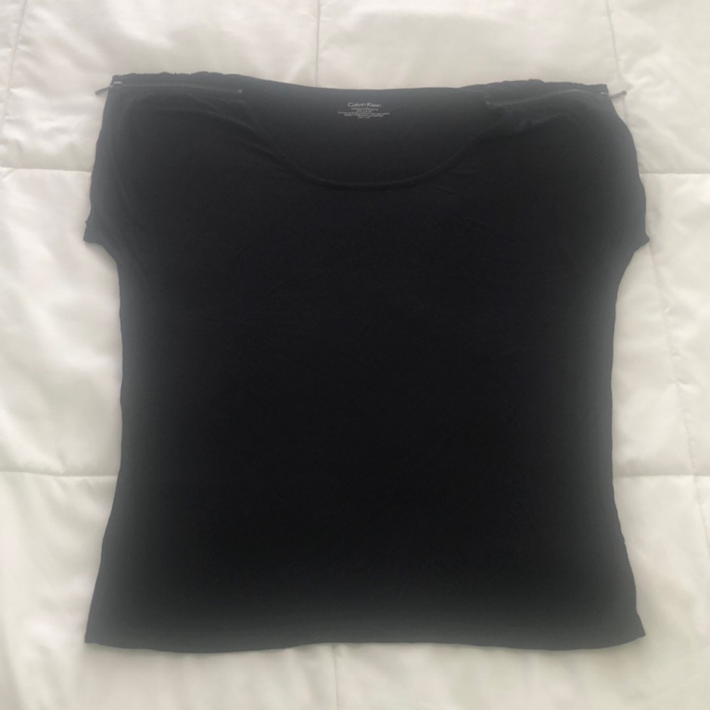 Calvin Klein black top with zipper sleeves that are functional scoop neck design